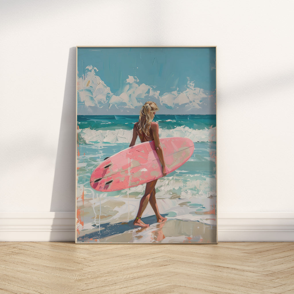 Surfer Girl with Pink Surfboard Print | Matte Vertical Poster