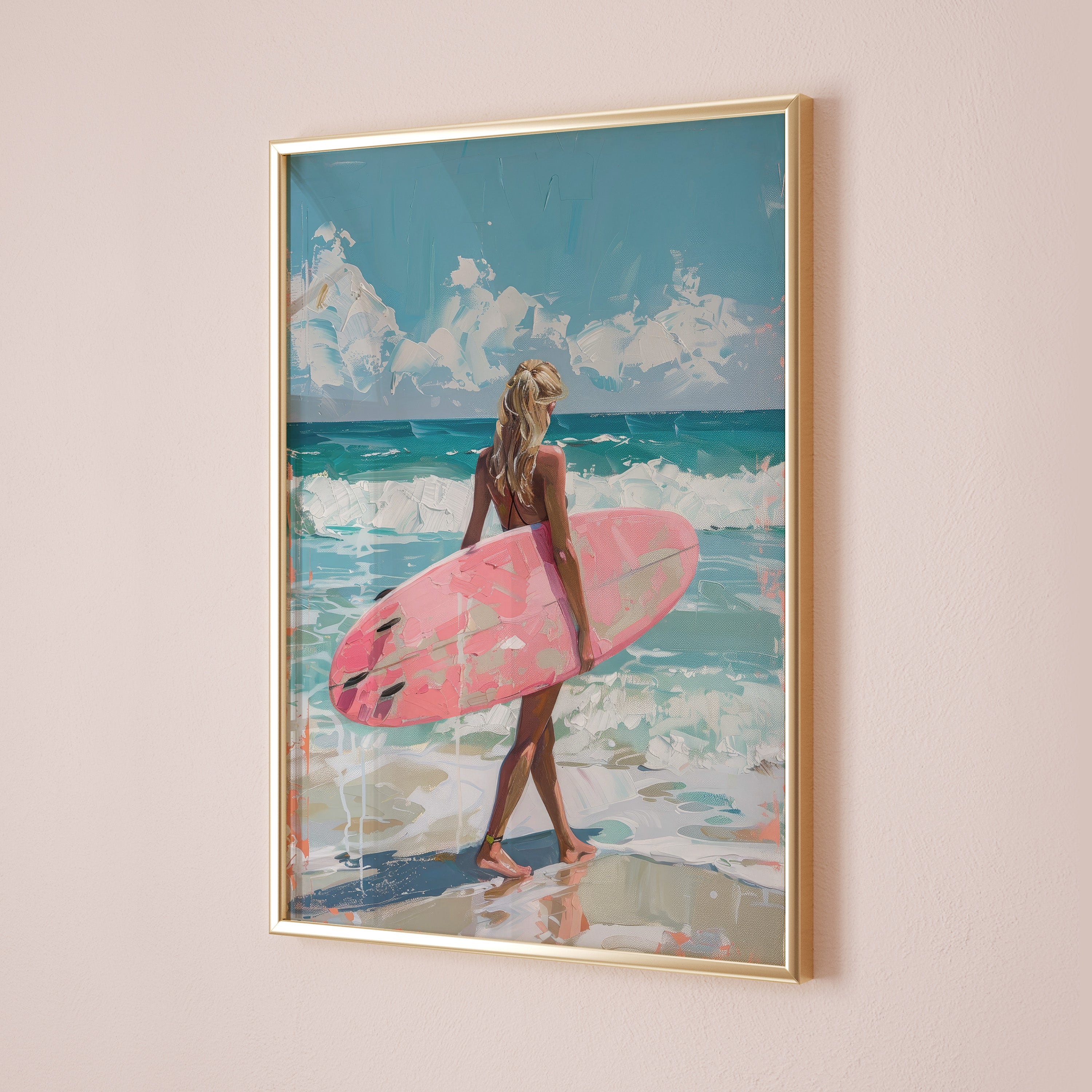 Surfer Girl with Pink Surfboard Print | Matte Vertical Poster