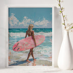 Surfer Girl with Pink Surfboard Print | Matte Vertical Poster