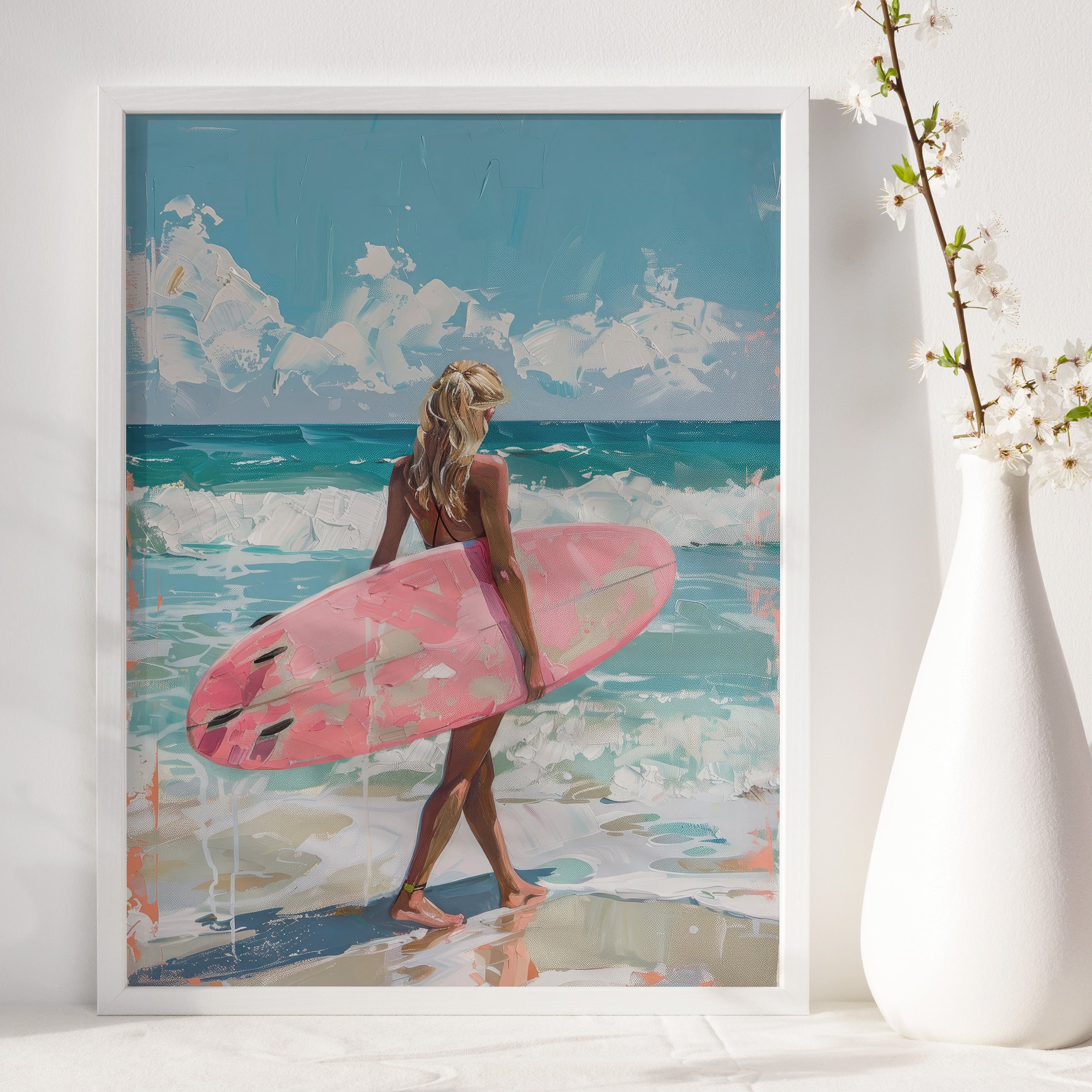 Surfer Girl with Pink Surfboard Print | Matte Vertical Poster