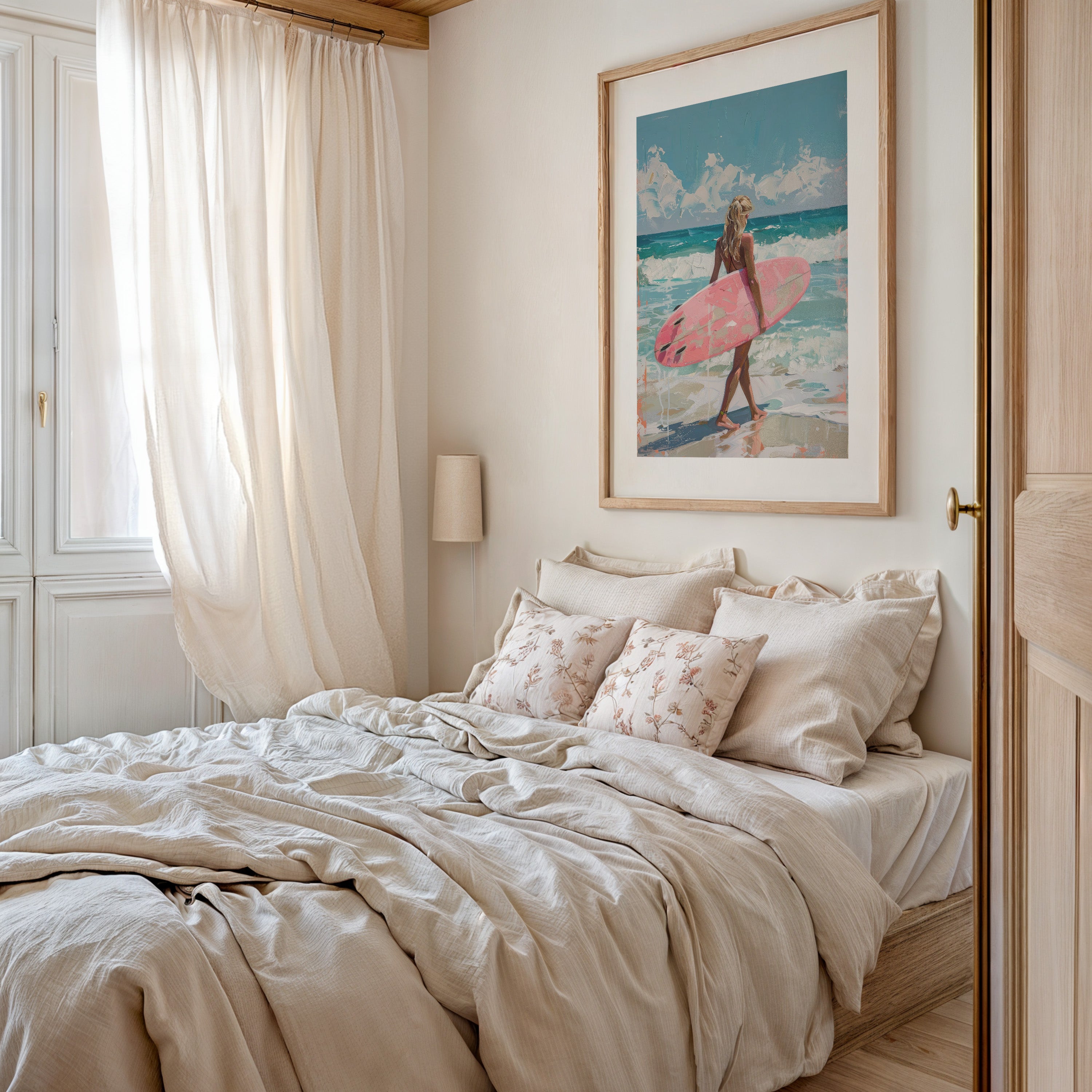 Surfer Girl with Pink Surfboard Print | Matte Vertical Poster