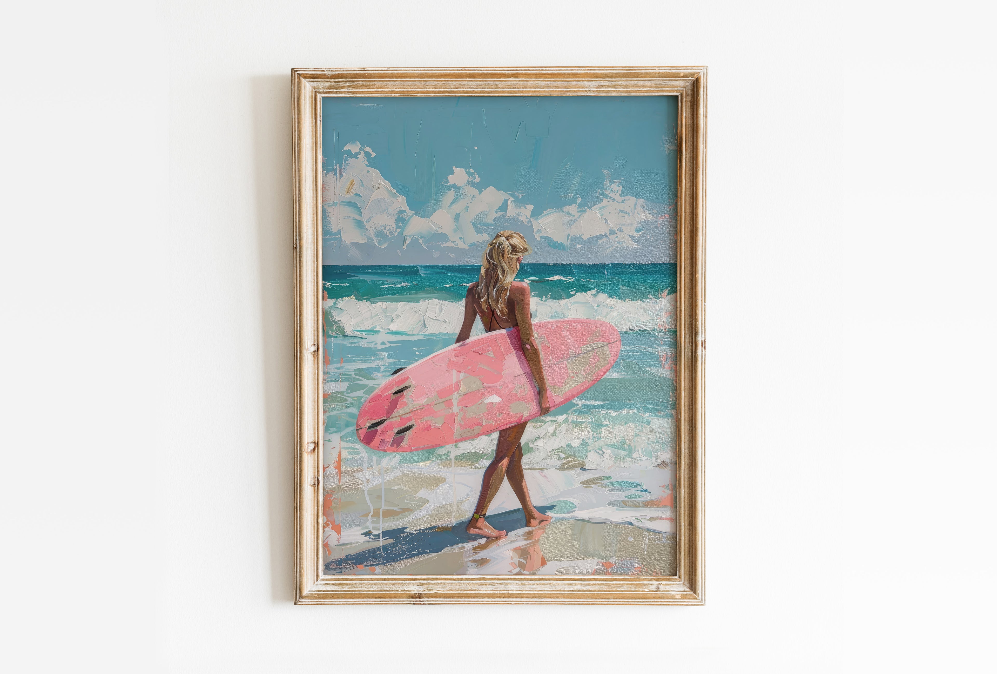 Surfer Girl with Pink Surfboard Print | Matte Vertical Poster